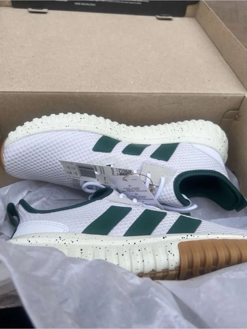 adidas White Sneakers with Dark Green Stripes and Gum Accents